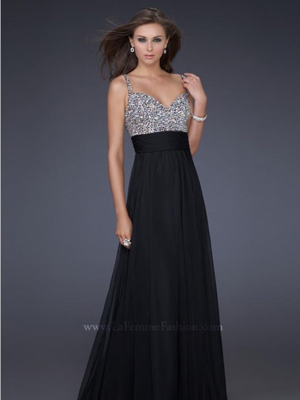 La Femme Black Maxi Gown with Silver Beaded Bodice Prom Style